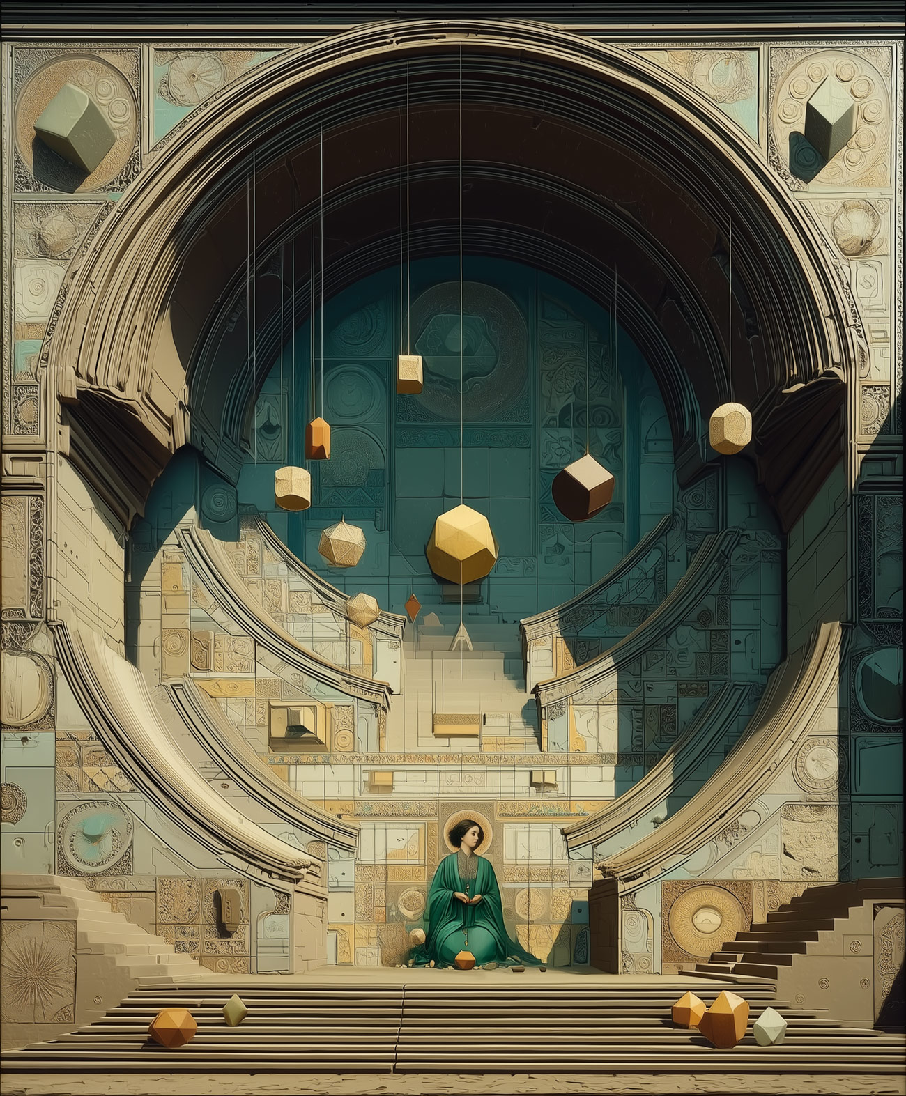 A priestess kneeling outside a temple.