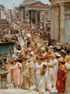 A parade of priestesses in an ancient port city.