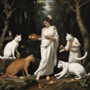 A priestess in a forest with cats.