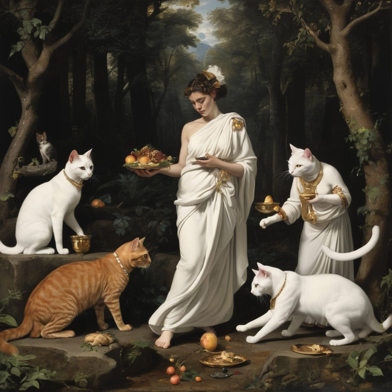 A priestess in a forest with cats.