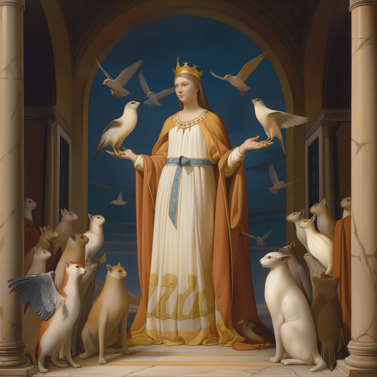 A priestess with cats, birds and hybrids.