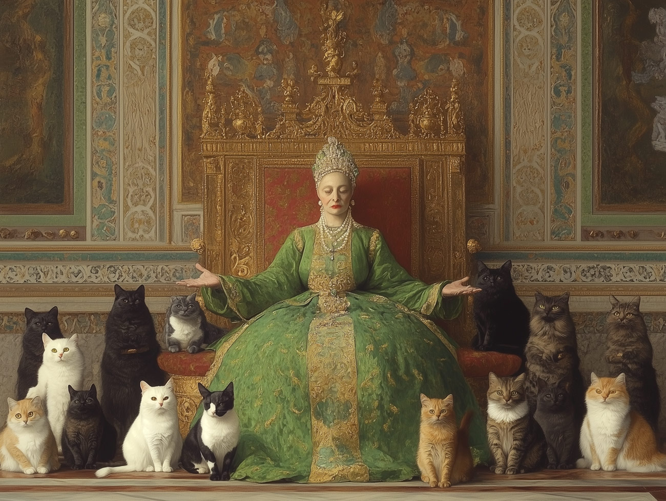 A queen in green on a throne with cats.