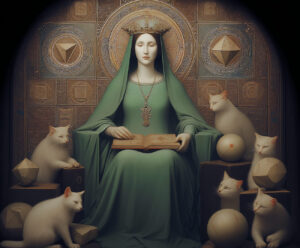 A saint reading with her cats.