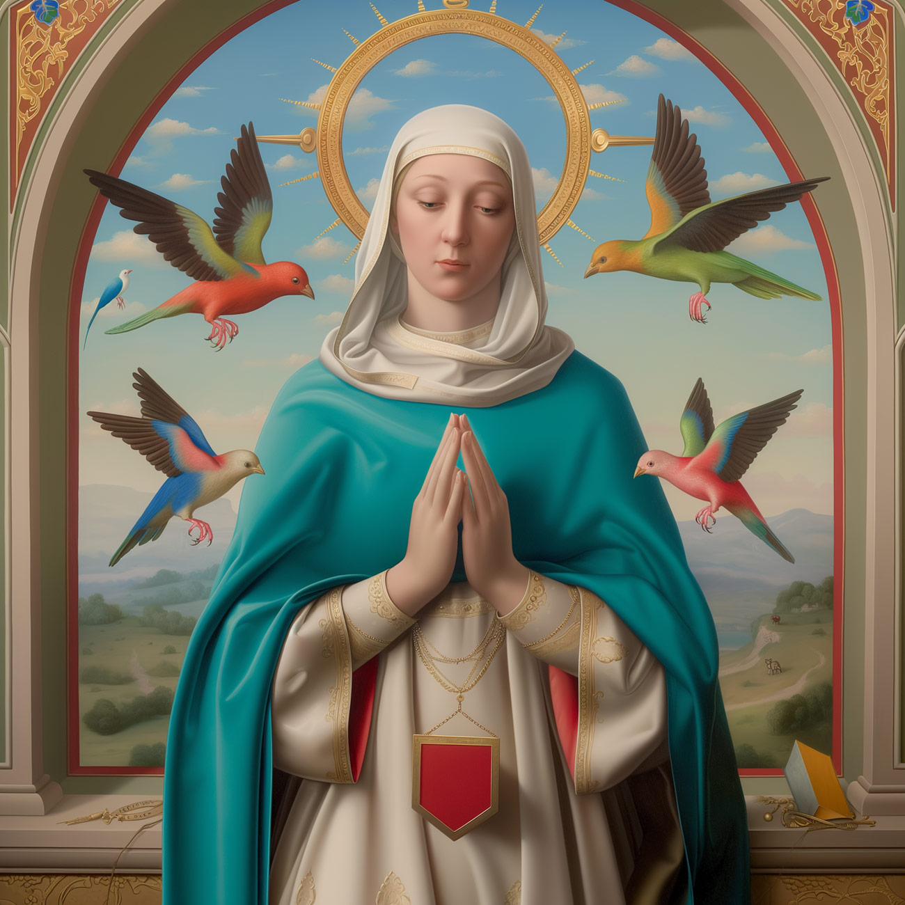 A saint in turquoise and white with colorful birds.