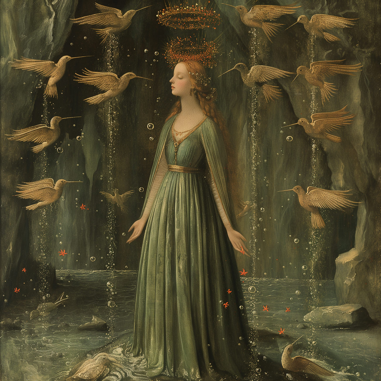 A saint in green in a cave with birds.