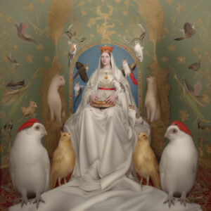 A saint in white with giant birds.