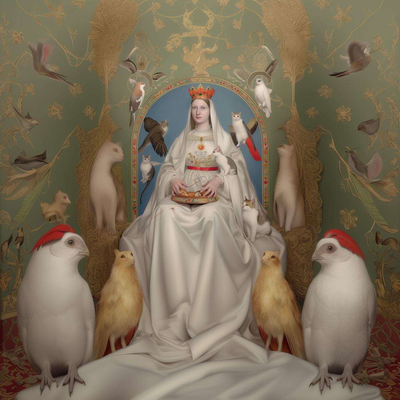 A saint in white with giant birds.