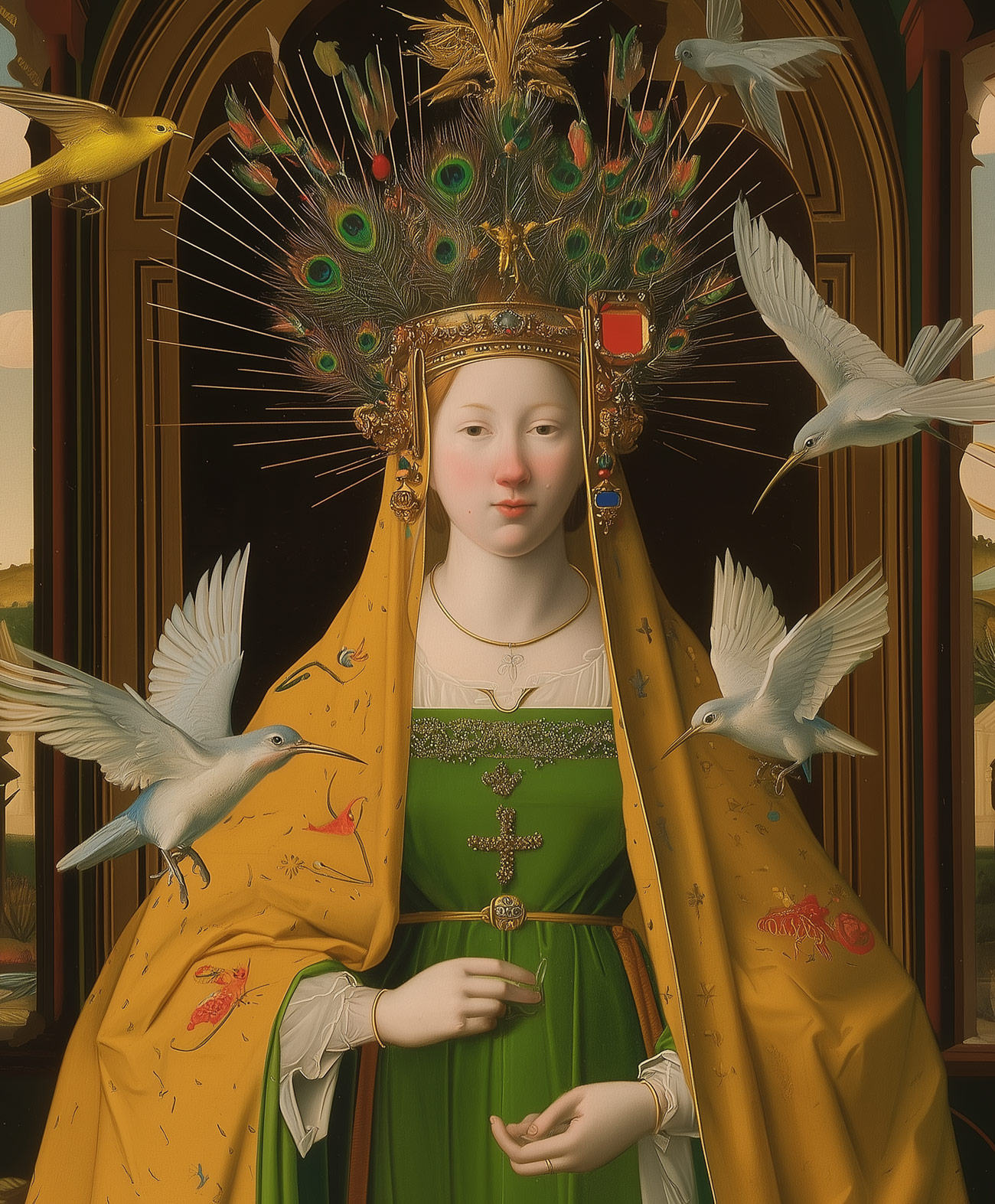 A saint with a peacock crown and birds.