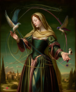 A saint in satin with ribbons and birds.